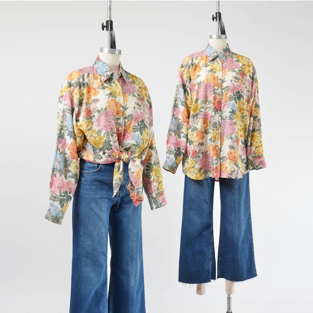 Vintage 80s 90s Floral Linen Rayon Blouse Oversized Botanical Button Up Shirt L